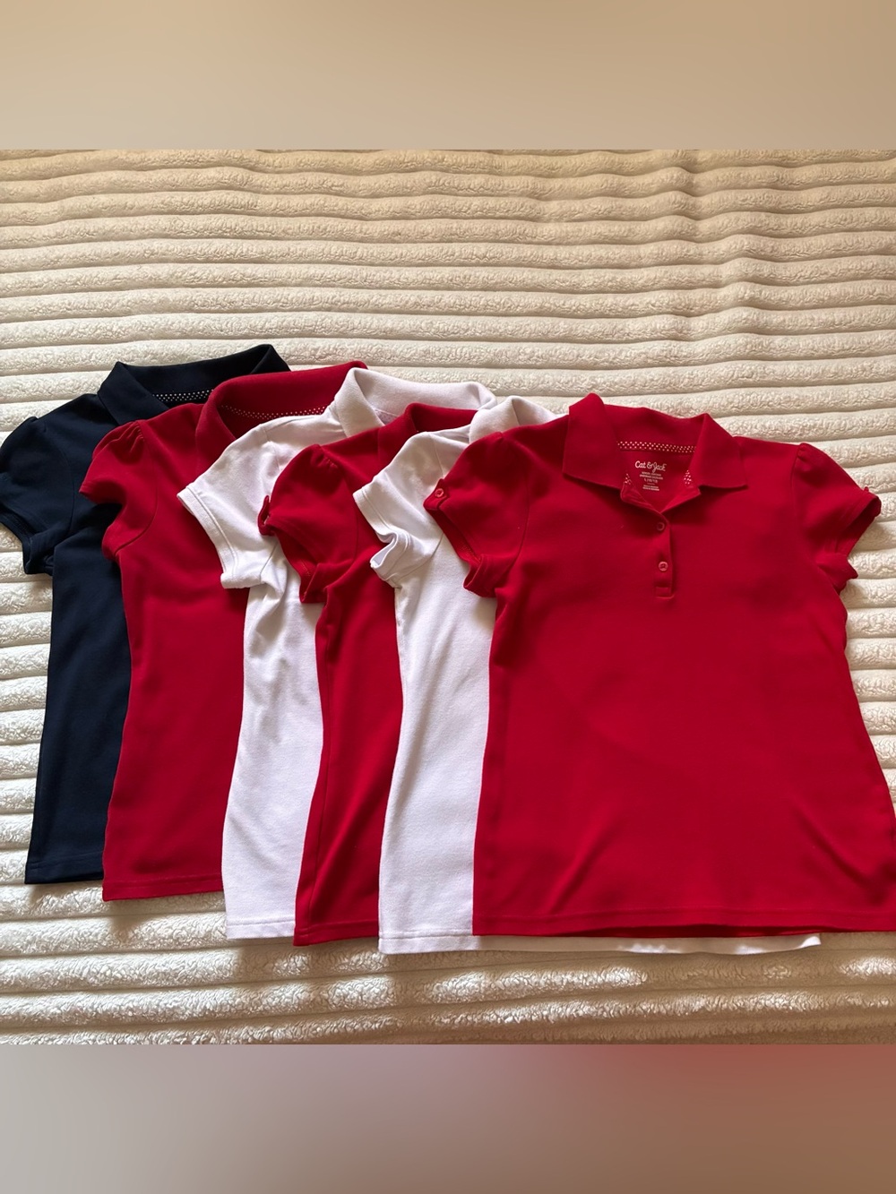 6 Cat & Jack Girls' Short Sleeve Uniform Polo Shirt Navy Blue Red White L 10/12